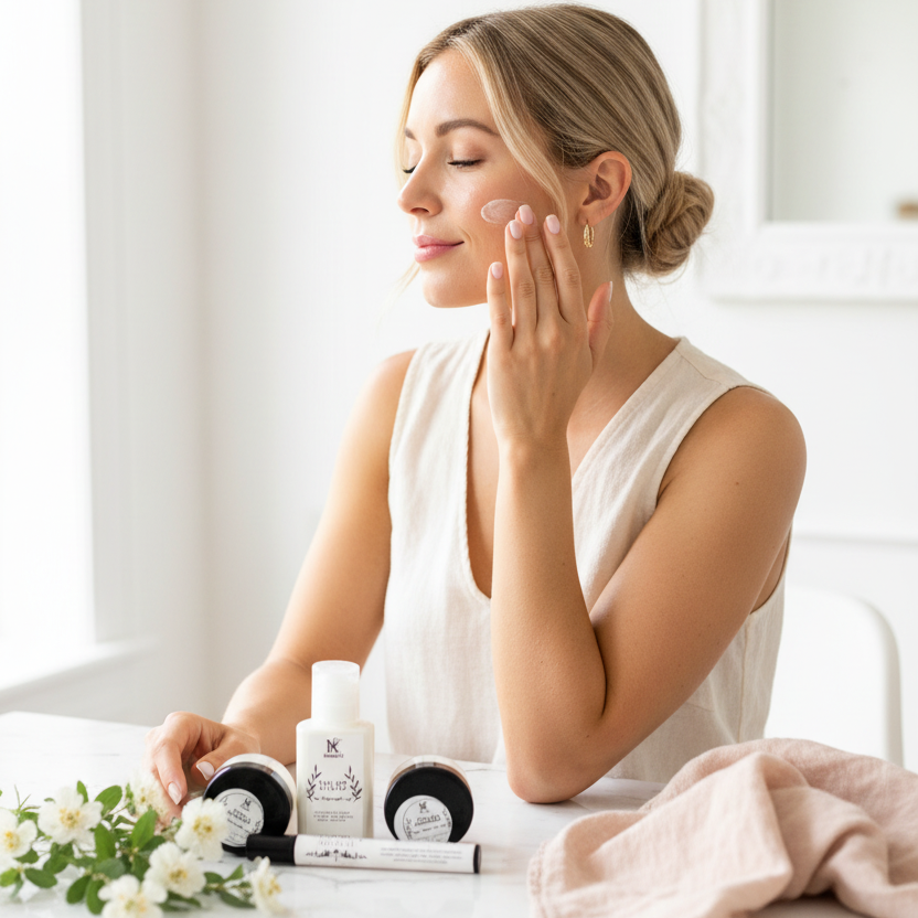 Woman doing skincare routine with The Daily Reset Skincare Trial Kit