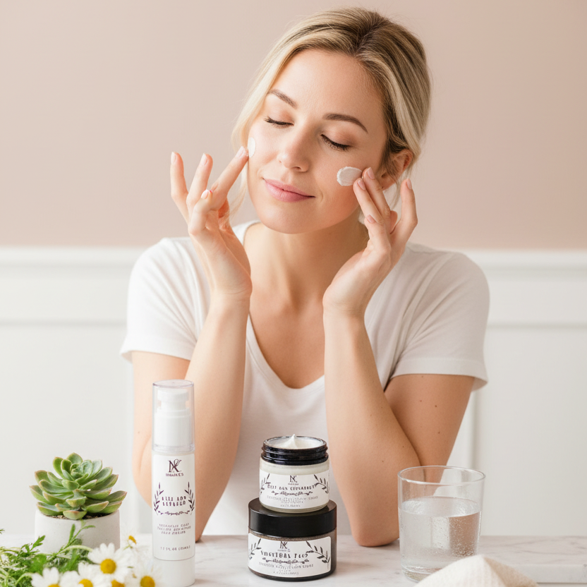 Woman performing minimalist skincare ritual - Bare Ritual Gift Set