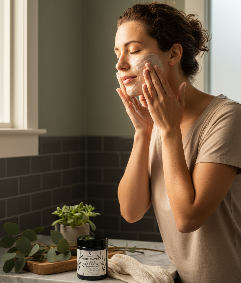 Woman washing face with Pure Haven Detox Facial Cleanser at bathroom sink