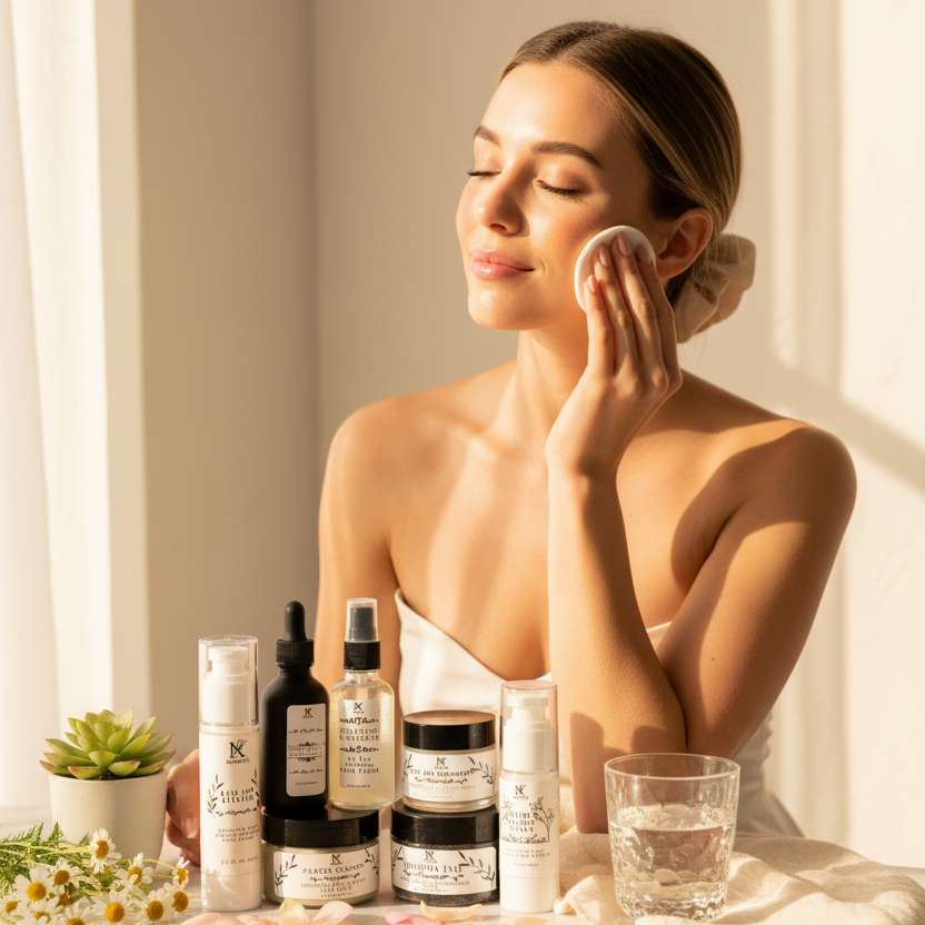 Woman performing 7-step skincare ritual - The Full Harmony Gift Set