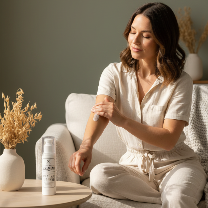 Woman applying Eczemend Natural Eczema Relief Cream in cozy home setting