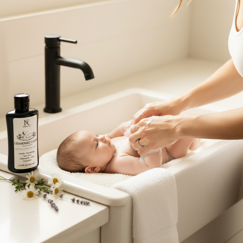 Mother bathing baby with Chamomile Cloud
